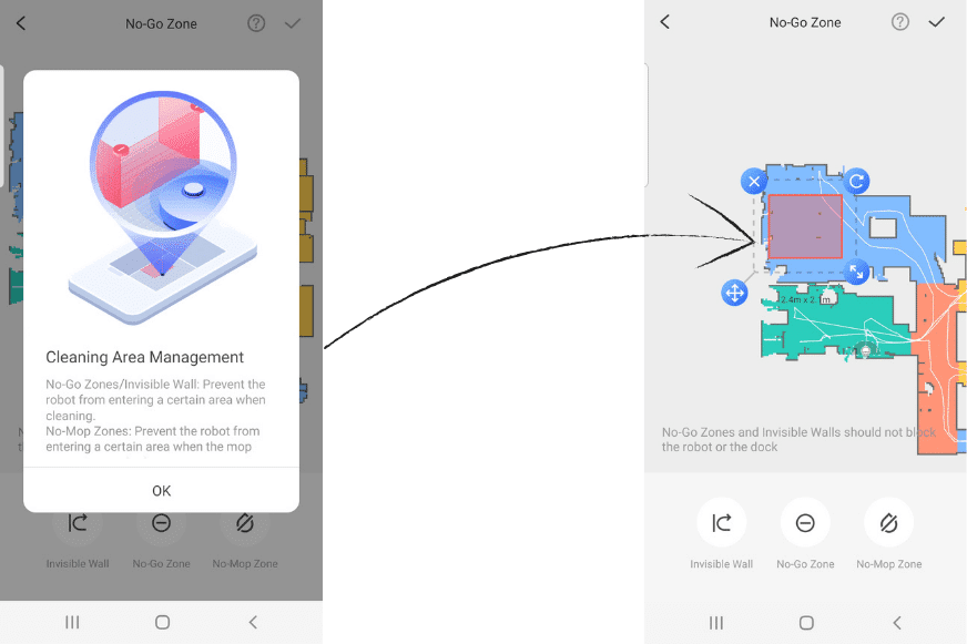 Restricted zones are set up in the Roborock Q7 Max+ App.